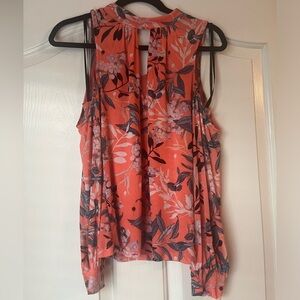 Orange tropical print BEBE high neck, cold shoulder long sleeve shirt